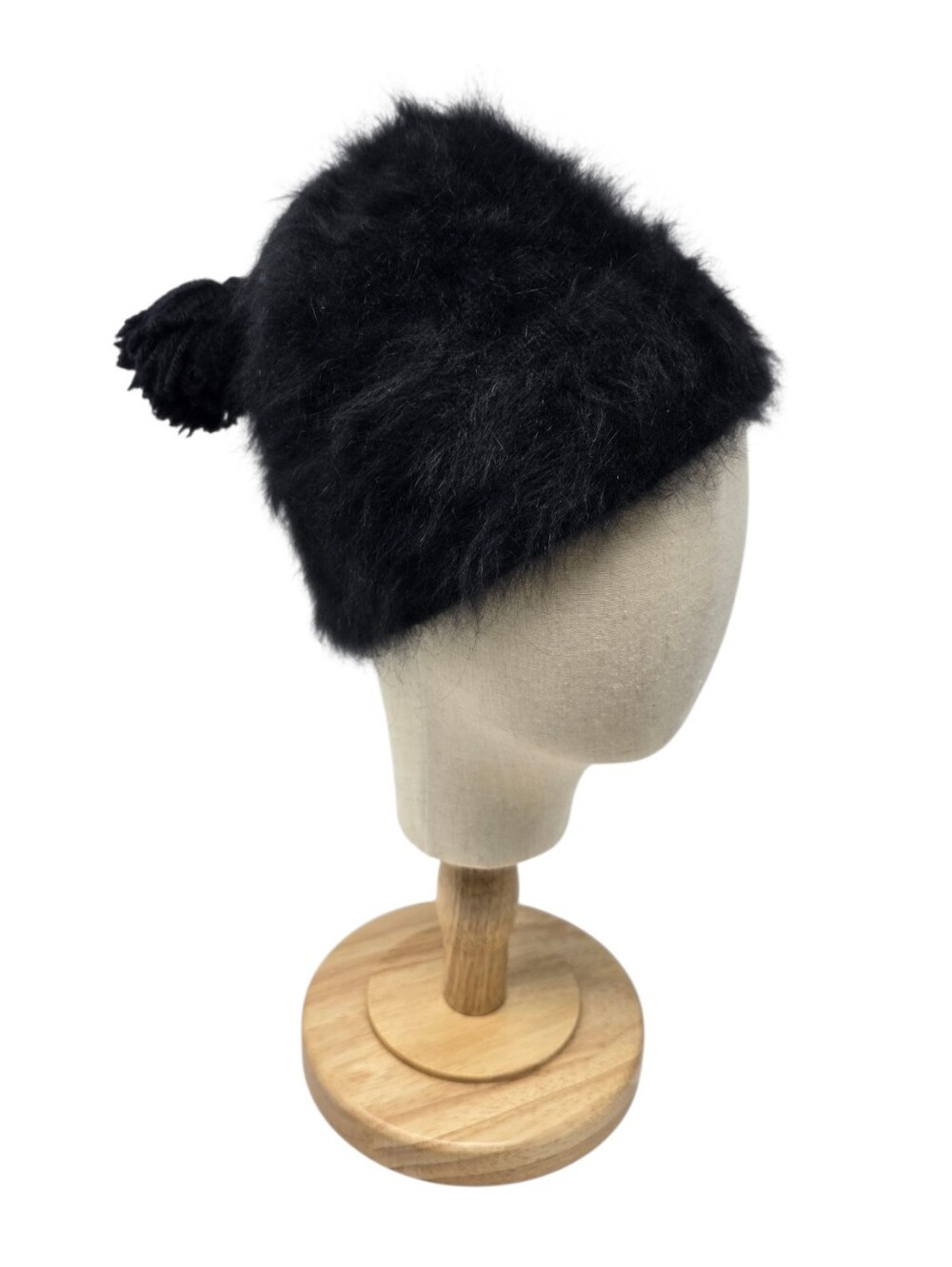 Vintage Darn Fine Hats Handcrafted Angora Wool Beanie With Tassel Pom Pom Black - Picture 1 of 11